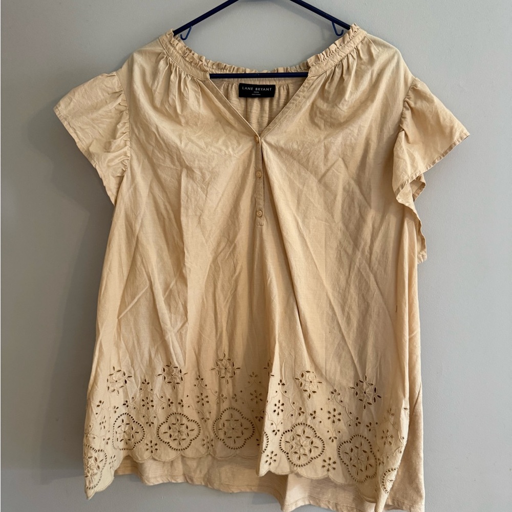 Lane Bryant Tan Embellished Short Sleeve Blouse